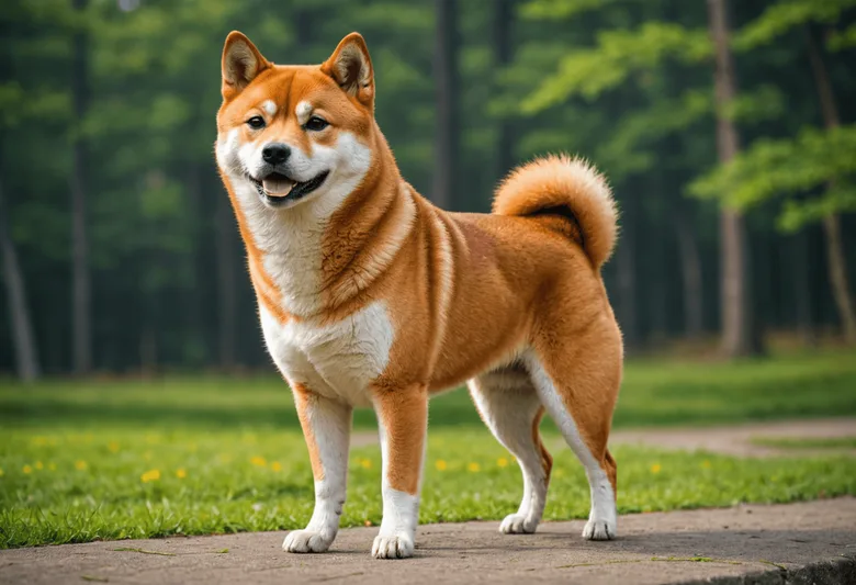 Dospělý shiba inu stojí na chodníku v zeleném parku.