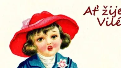 Ilustrace dívky v červeném klobouku s textem Ať žije Vilém!