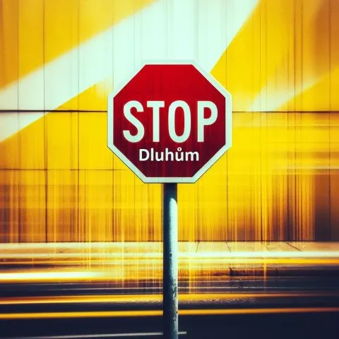 Zastavovací značka s nápisem Stop dluhy na žlutém pozadí.