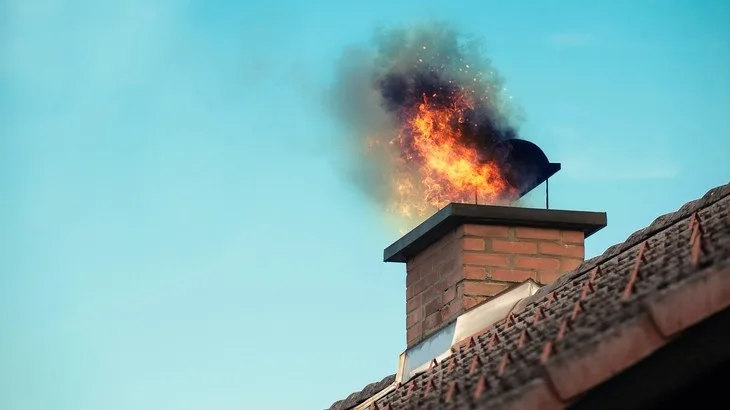 Hořící komín s plameny a kouřem na střeše domu.