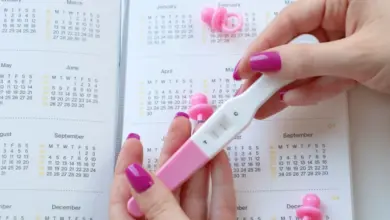Ruce drží těhotenský test nad kalendářem s měsíci.