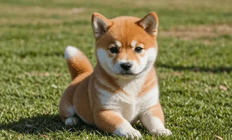 Milející štěně shiba inu sedí na trávníku.