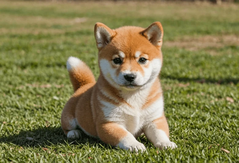 Milející štěně shiba inu sedí na trávníku.
