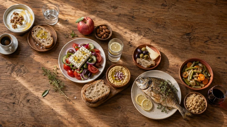 Středomořská dieta s rybami, zeleninou a zdravými tuky na dřevěném stole.