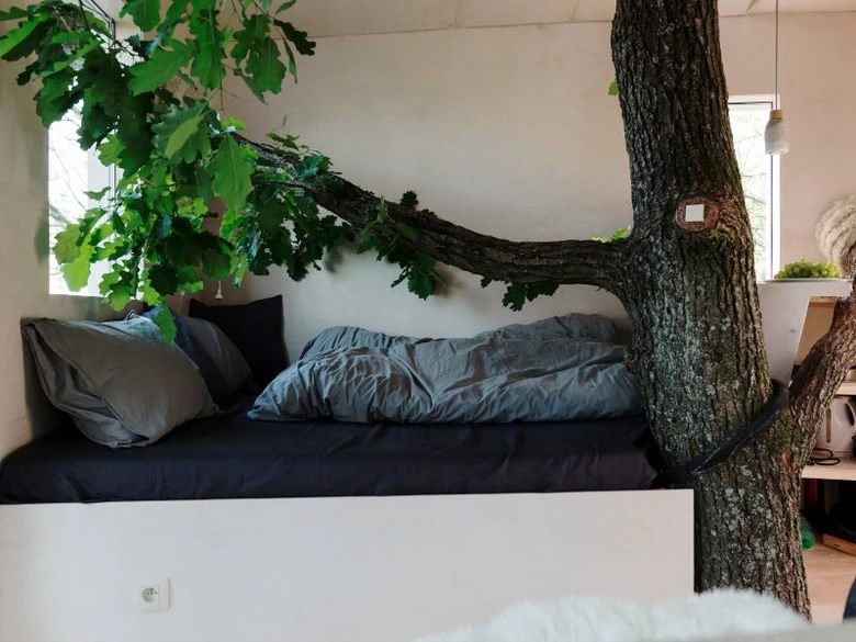 Ložnice v malém domě s integrovaným stromem jako designový prvek.